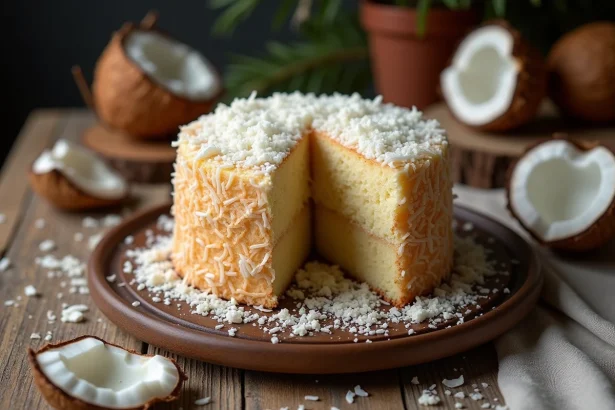 Gâteau de noix de coco fait maison façon grand-mère posé sur une table en bois rustique, tranché pour révéler une mie moelleuse et généreusement parsemée de noix de coco râpée