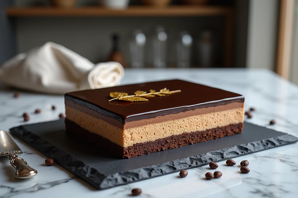 Gâteau opéra entier au chocolat avec glaçage miroir brillant et feuille d'or sur ardoise, entouré de grains de café