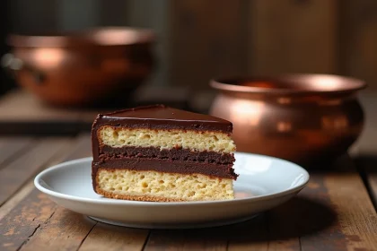 Tranche de gâteau opéra au chocolat intense avec couches visibles de génoise, ganache et crème au beurre café sur assiette blanche