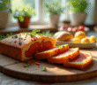 Partie d'un gateau salé sans gluten au chorizo tranché sur une planche en bois