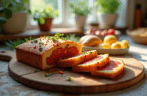 Partie d'un gateau salé sans gluten au chorizo tranché sur une planche en bois
