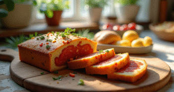 Partie d'un gateau salé sans gluten au chorizo tranché sur une planche en bois