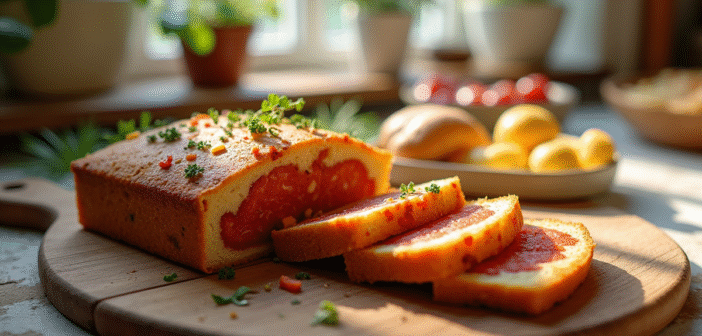 Partie d'un gateau salé sans gluten au chorizo tranché sur une planche en bois