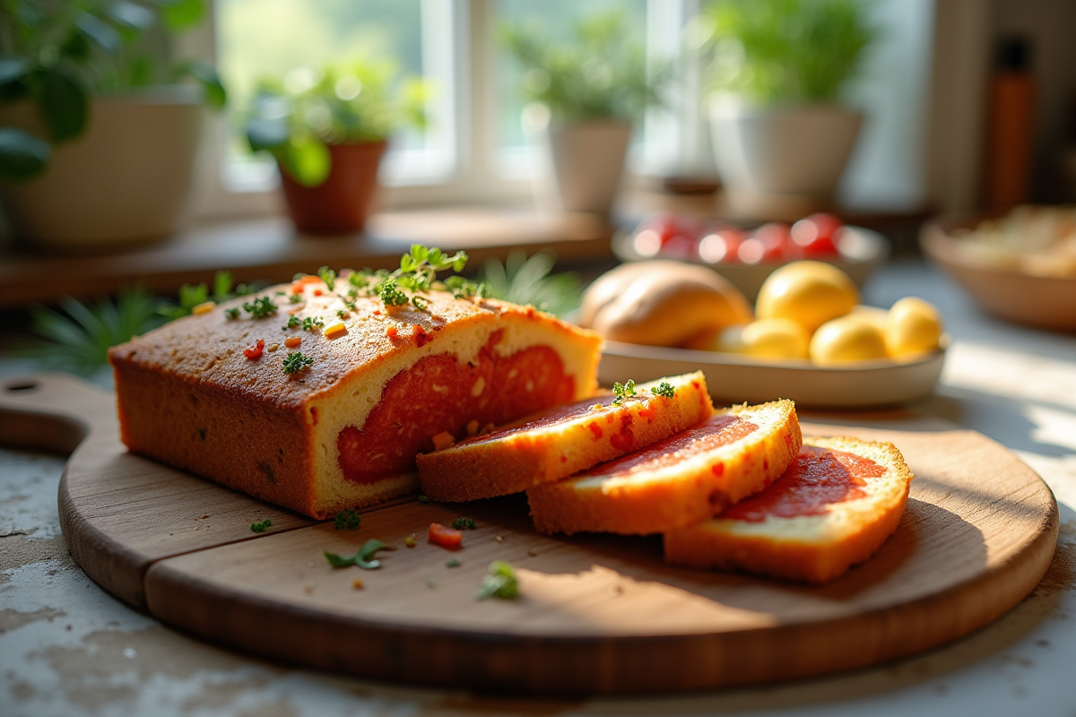 Partie d'un gateau salé sans gluten au chorizo tranché sur une planche en bois