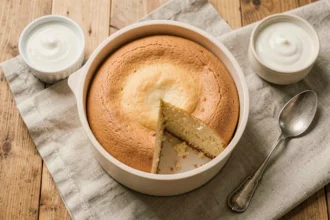 Gâteau au yaourt nature cuit au Cookeo dans un moule silicone rond posé sur un plan de travail en bois
