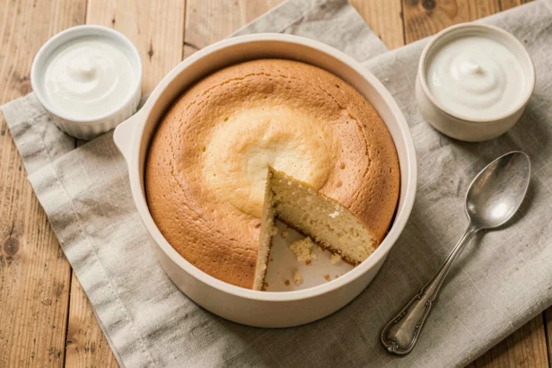 Gâteau au yaourt nature cuit au Cookeo dans un moule silicone rond posé sur un plan de travail en bois