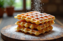 Gaufres dorées empilées sur une table en bois rustique
