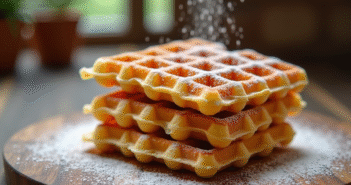 Gaufres dorées empilées sur une table en bois rustique