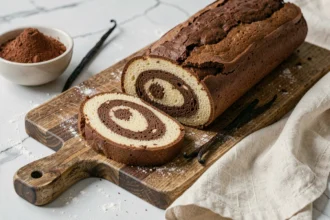 Roulé marbré chocolat vanille tranché sur une planche en bois rustique révélant le motif spiralé de la génoise