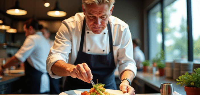 Gordon Ramsay en cuisine de restaurant haut de gamme
