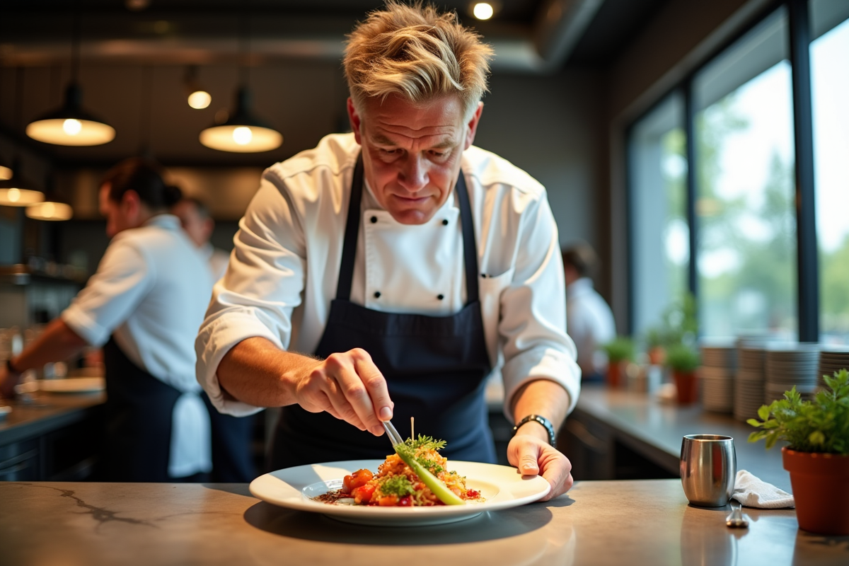 Gordon Ramsay en cuisine de restaurant haut de gamme