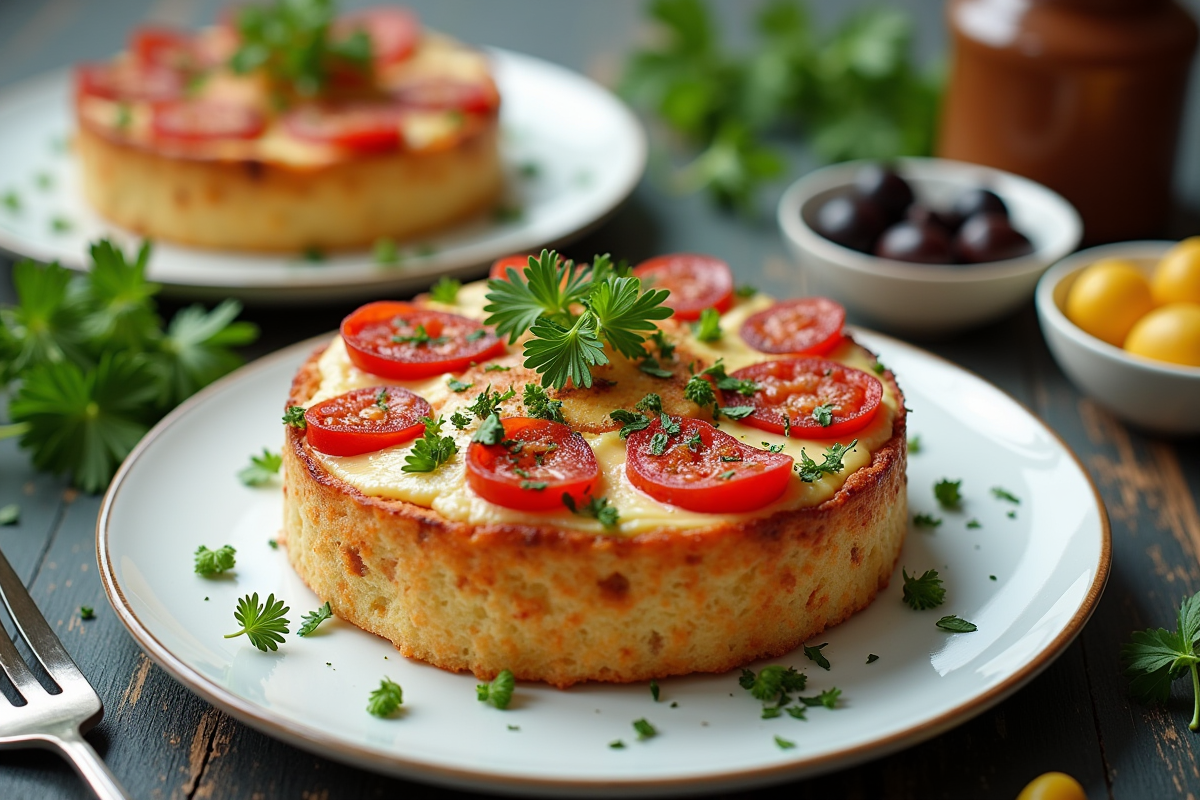 Gâteau de chorizo et feta servi avec herbes et olives