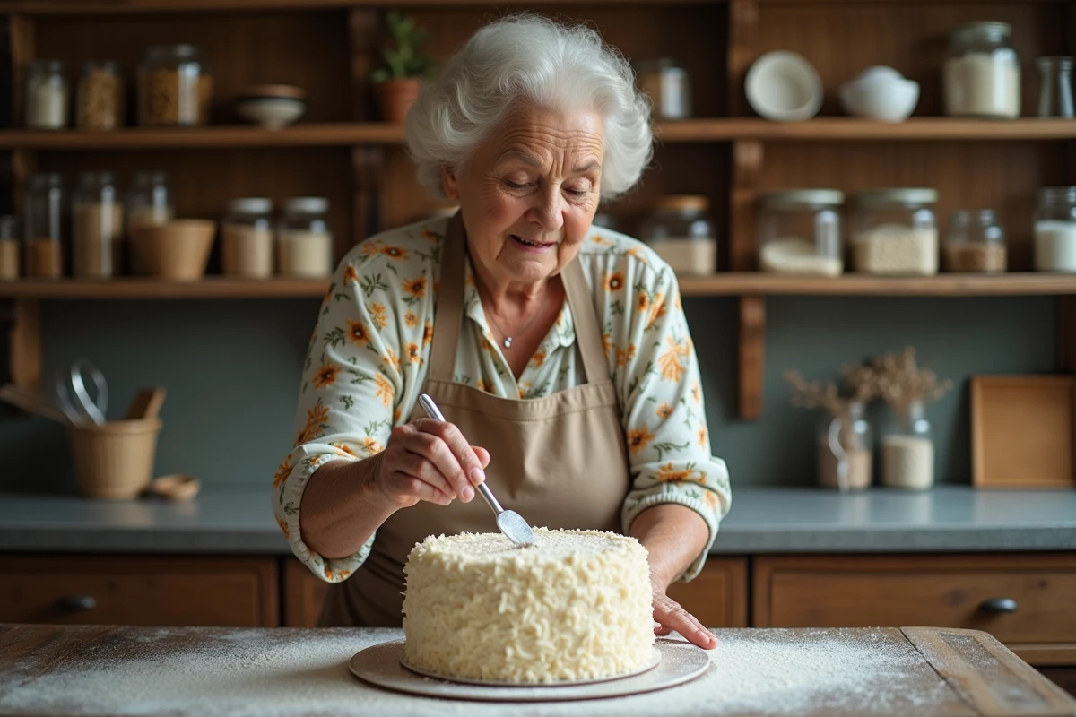 Une grand-mère en tablier floral étalant une crème à la noix de coco sur un gâteau maison dans sa cuisine traditionnelle, les mains couvertes de farine