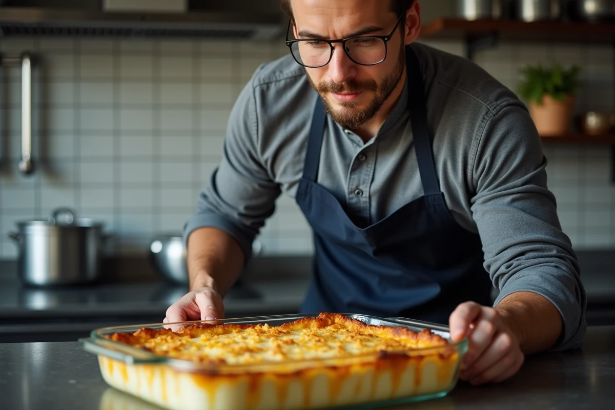 Homme surveillant la cuisson d'un gratin d'endives au fromage dans un four avec un minuteur dans une cuisine moderne