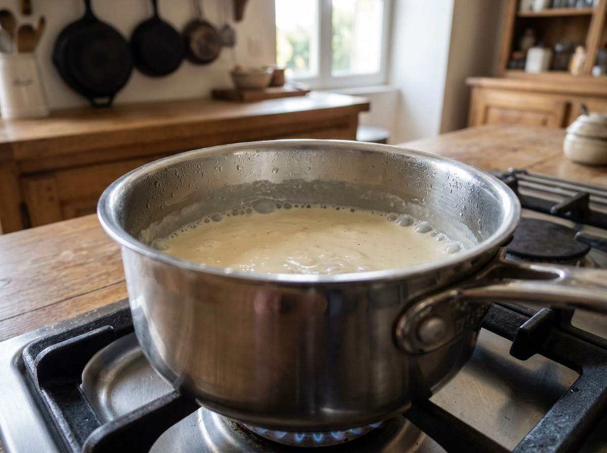 Gros plan sur une casserole inox avec une sauce qui mijote sans déborder sur un brûleur à gaz