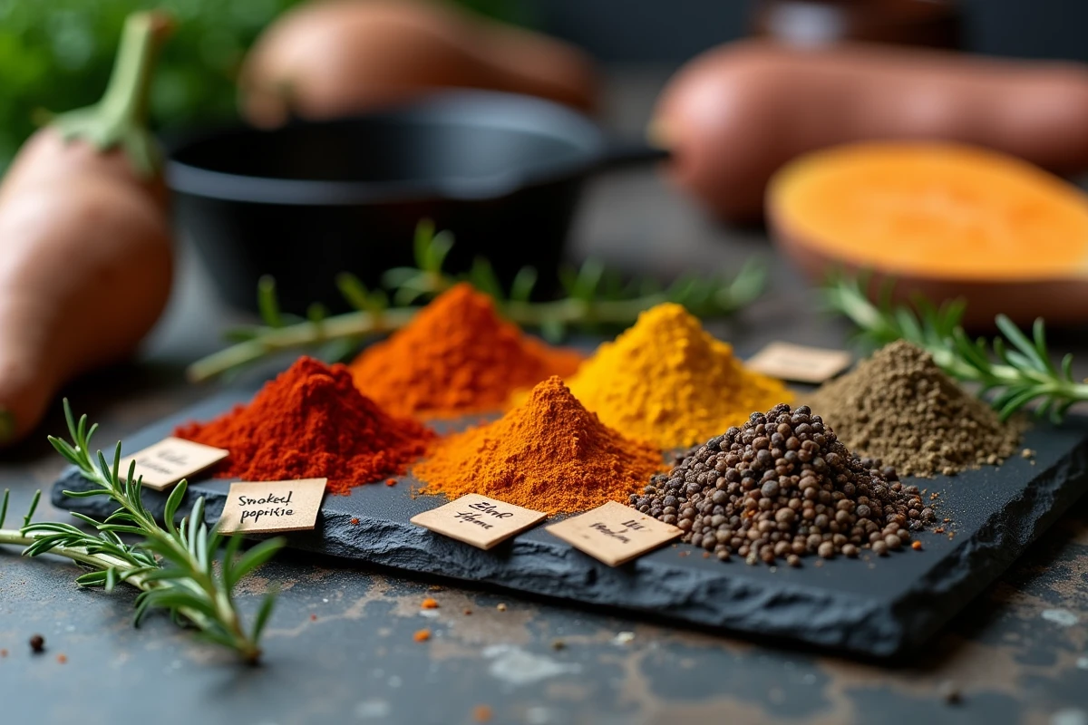 Gros plan sur des épices colorées et herbes aromatiques disposées sur une ardoise avec des légumes en arrière-plan pour la préparation de gratins