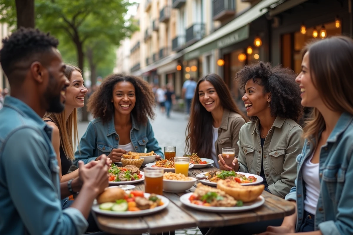Groupe d amis partageant des plats internationaux en terrasse