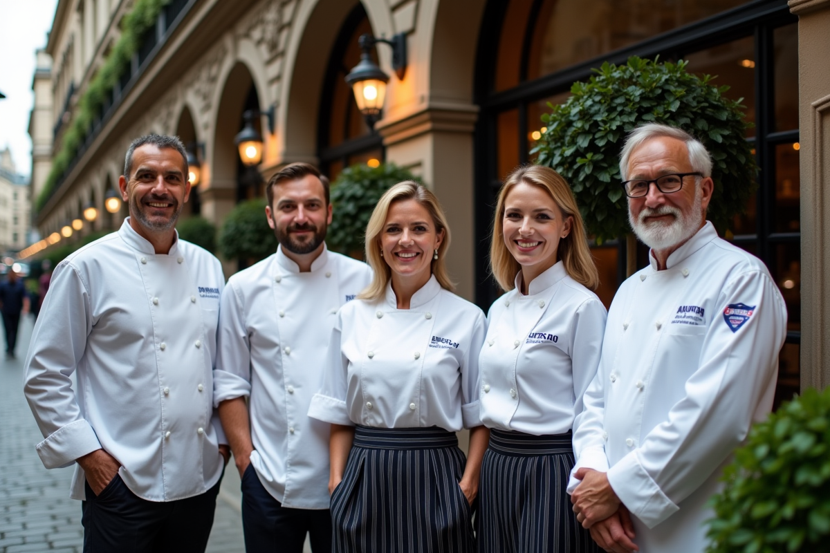 Groupe de chefs renommés devant un restaurant parisien