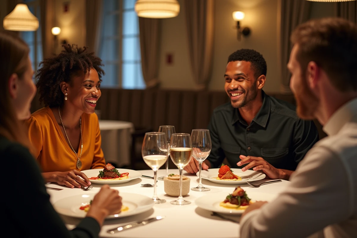 Groupe de gourmets dégustant des plats dans un restaurant parisien