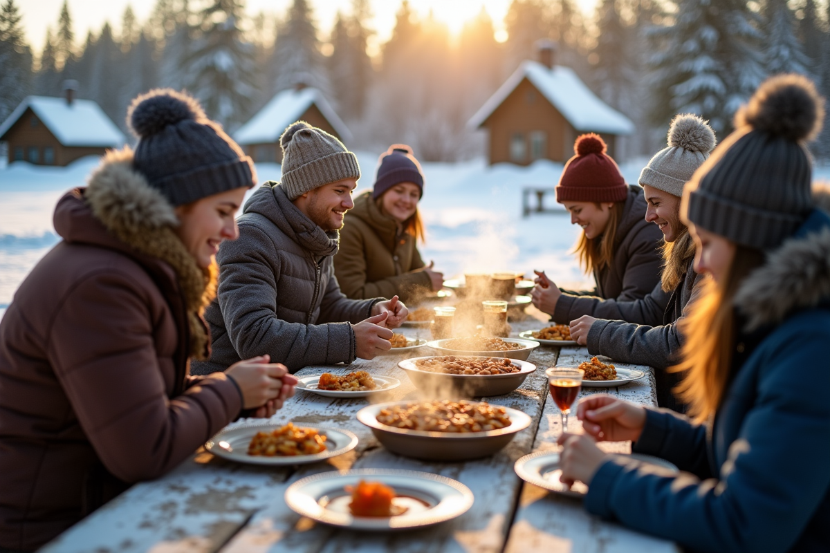 Groupe de personnes dégustant des plats traditionnels au sucre dans la nature