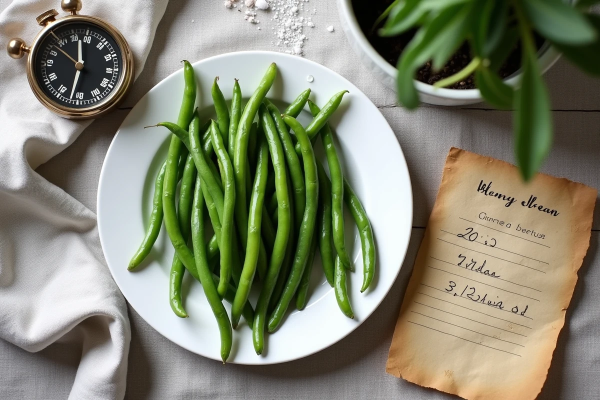 Haricots verts cuits présentés sur une assiette blanche avec un minuteur et un tableau de temps de cuisson manuscrit