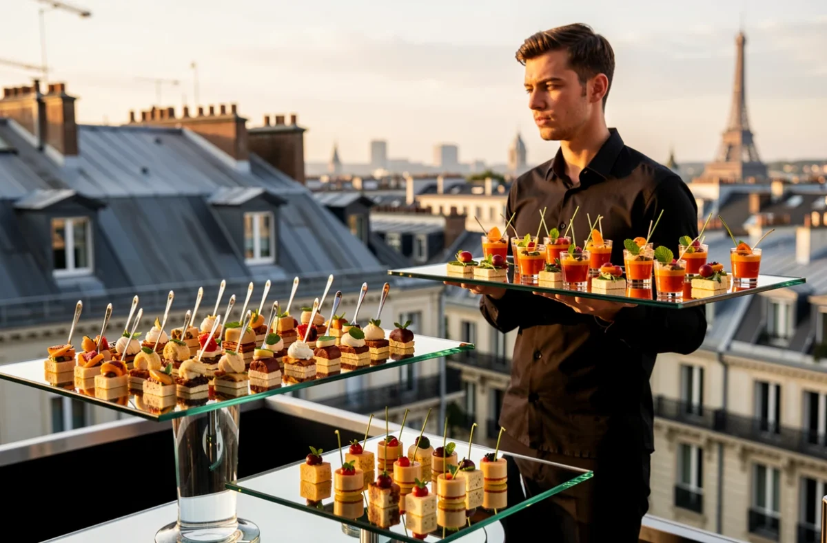 Serveur tenant un plateau de bouchées créatives lors d'un cocktail événementiel Histoire des Sens sur un rooftop parisien