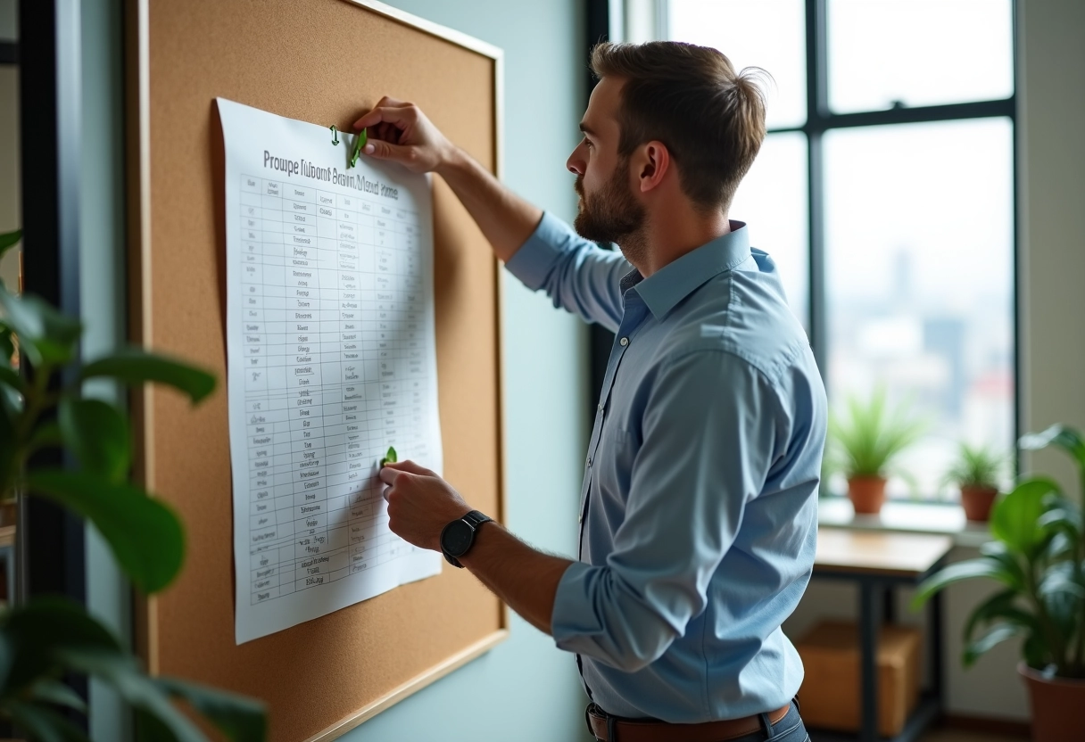 Homme en bureau affichant une liste de fruits et légumes Z