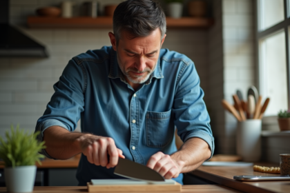 Homme d'âge moyen affûtant un couteau de cuisine dans une cuisine chaleureuse