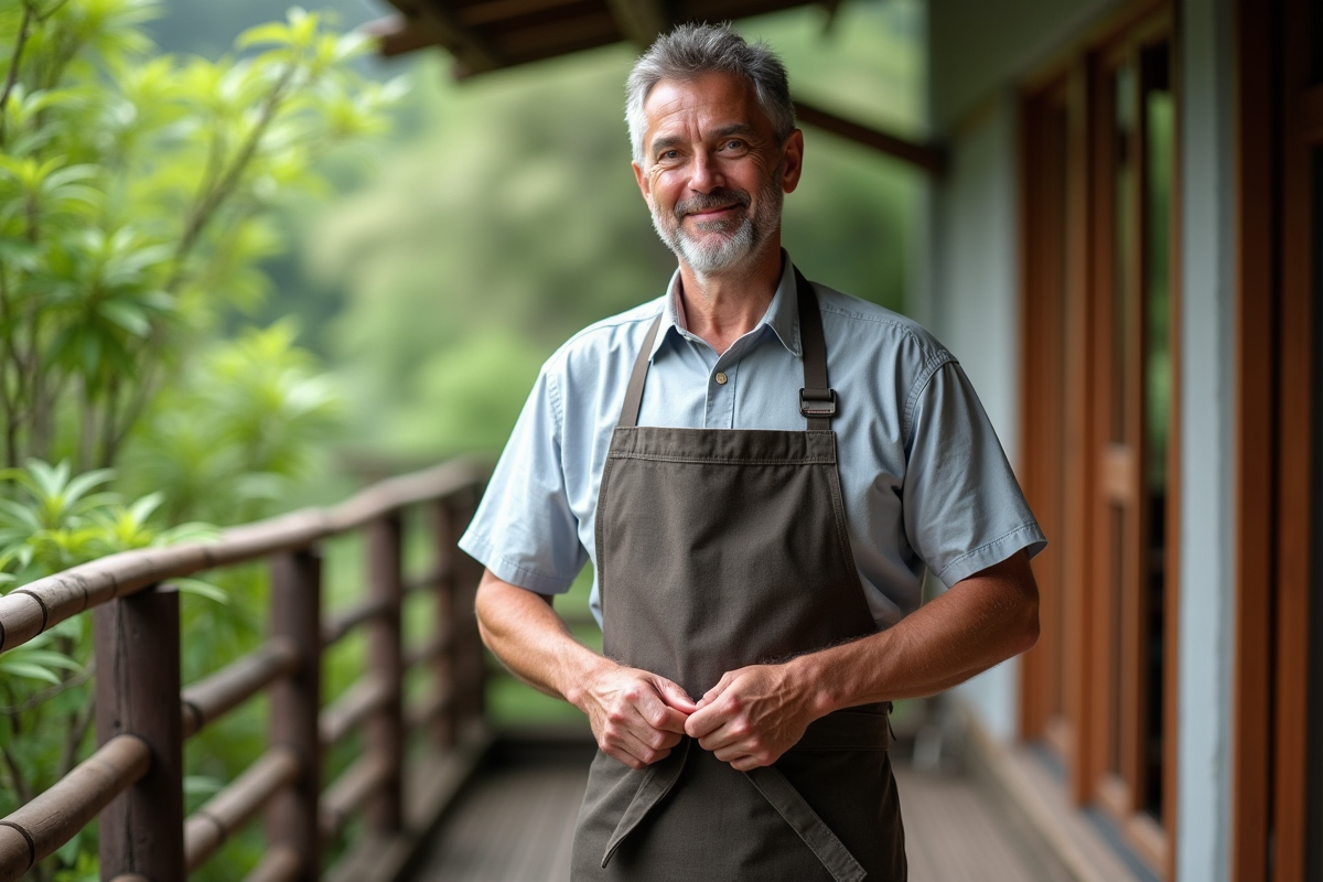 Homme portant un tablier japonais dans un jardin en plein air