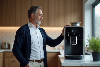 Homme d'âge moyen dans une cuisine moderne examine une machine à café haut de gamme