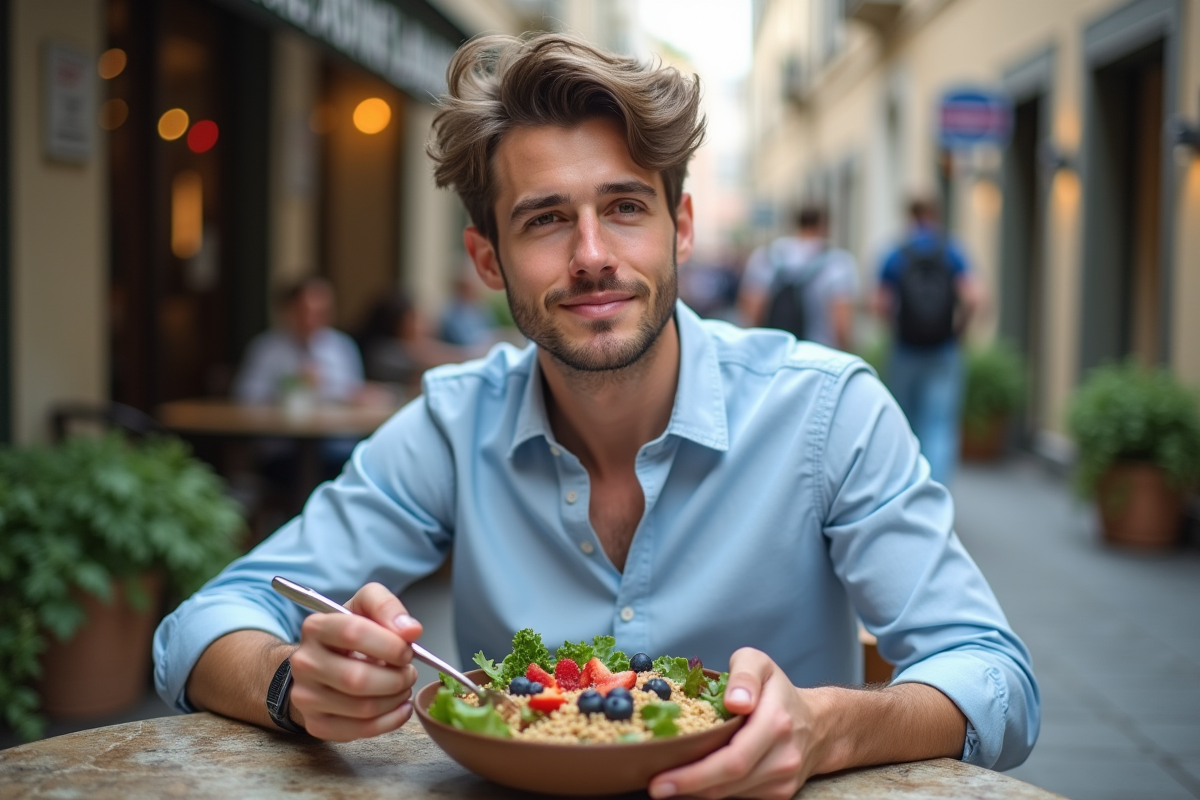 Jeune homme dégustant une salade dans un café en plein air