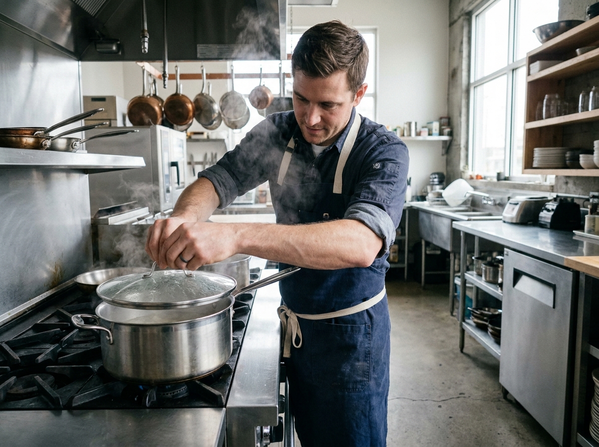 Jeune homme posant un couvercle sur une casserole inox pour éviter le débordement dans une cuisine professionnelle