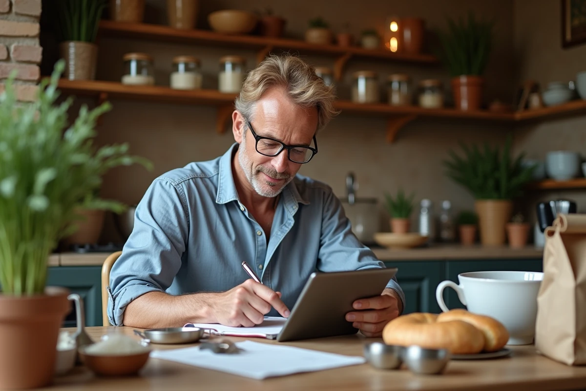 Homme âgé note des conversions d ingrédients à la maison