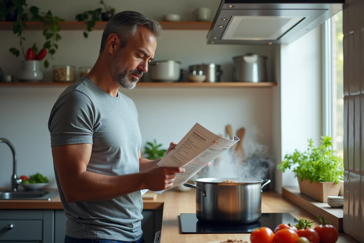 Homme consultant un guide nutritionnel en cuisinant des lentilles pour un repas du soir équilibré avec féculents