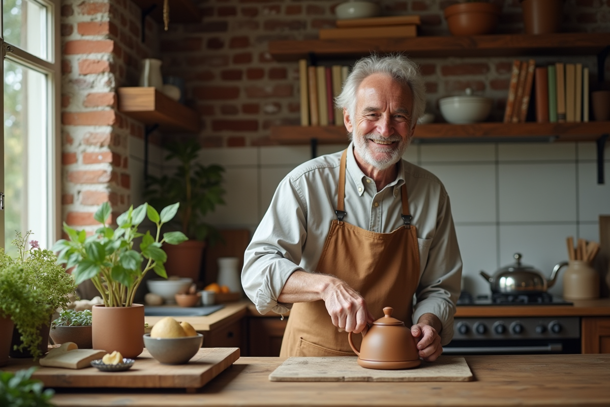 Homme âgé posant une théière en céramique dans la cuisine