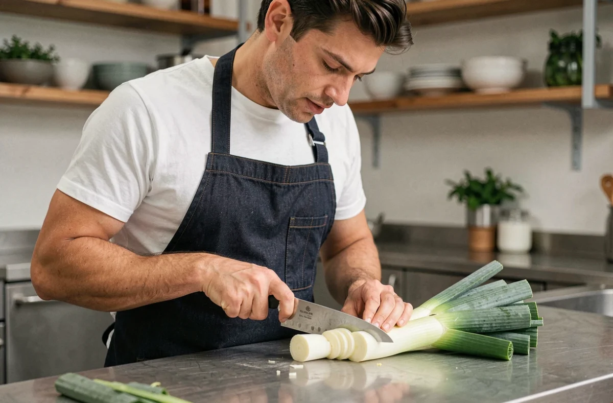 Homme en tablier de cuisine découpant des poireaux frais sur un plan de travail en inox avec une technique de coupe précise