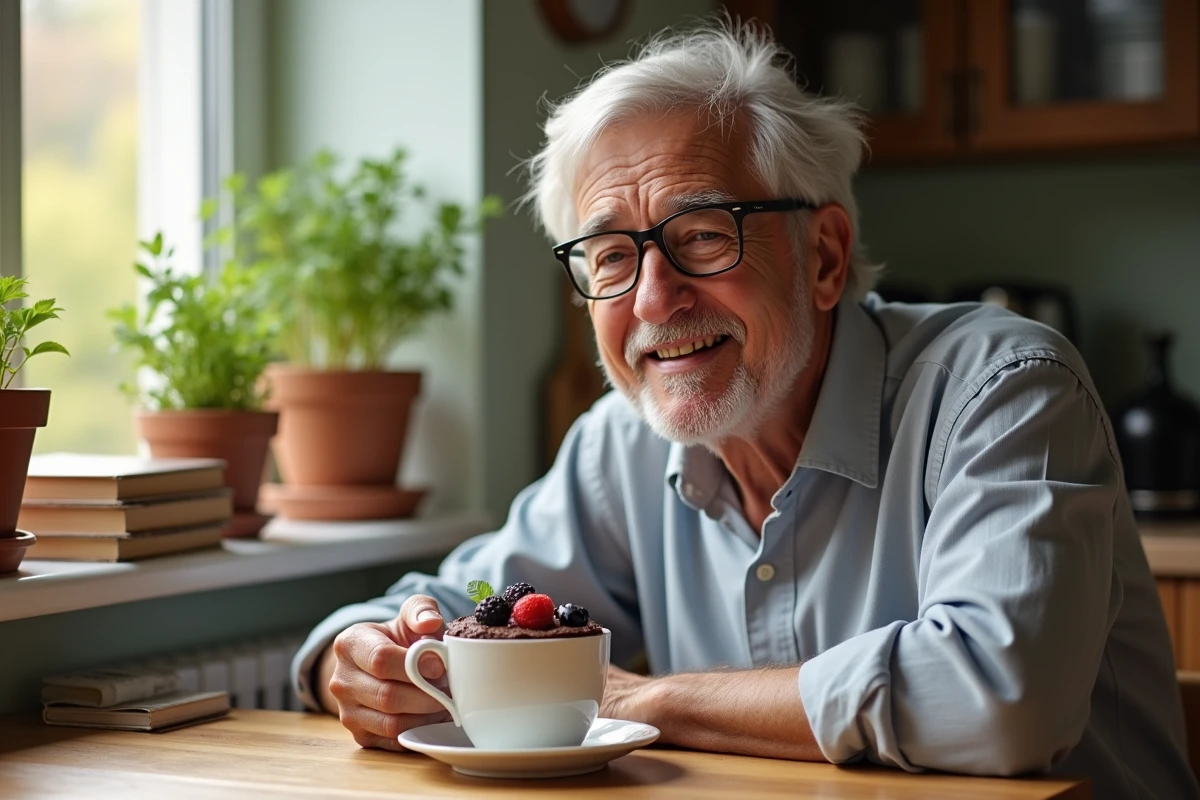 Homme âgé dégustant un mugcake au chocolat avec des fruits dans la cuisine