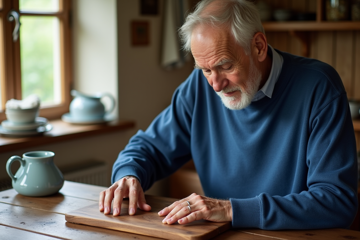 Homme âgé inspectant une planche en bois dans une maison de campagne