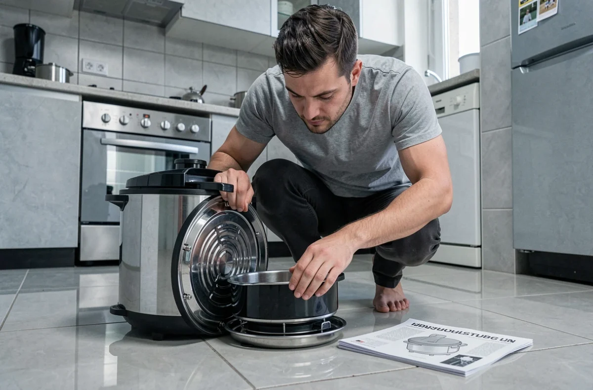 Homme inspectant le mécanisme du couvercle d'un Cookeo démonté sur le sol d'une cuisine avec notice technique