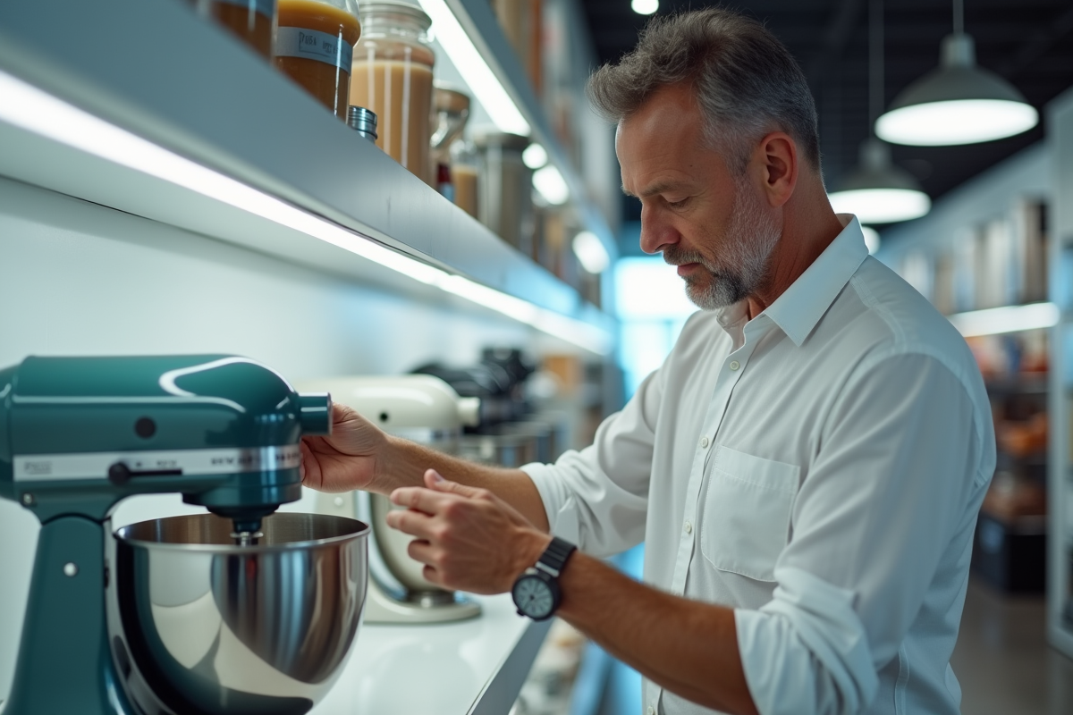 Homme examinant un mixeur dans un magasin d