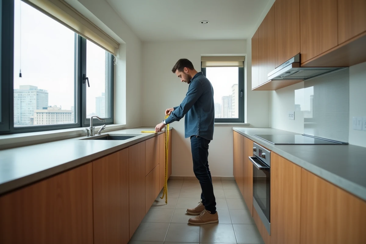 Jeune homme mesurant un plan de cuisine dans un appartement vide