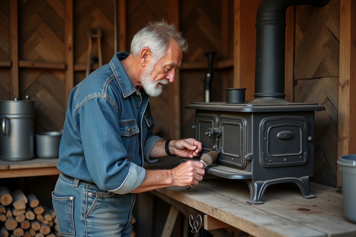Homme vérifiant un poêle en fonte dans un atelier rustique