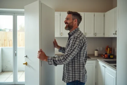 Homme en jeans pose une porte de cuisine moderne