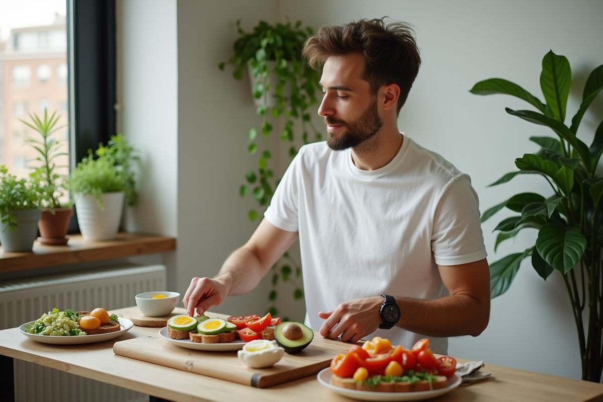 Homme en t-shirt blanc préparant un petit déjeuner sain avec des tartines