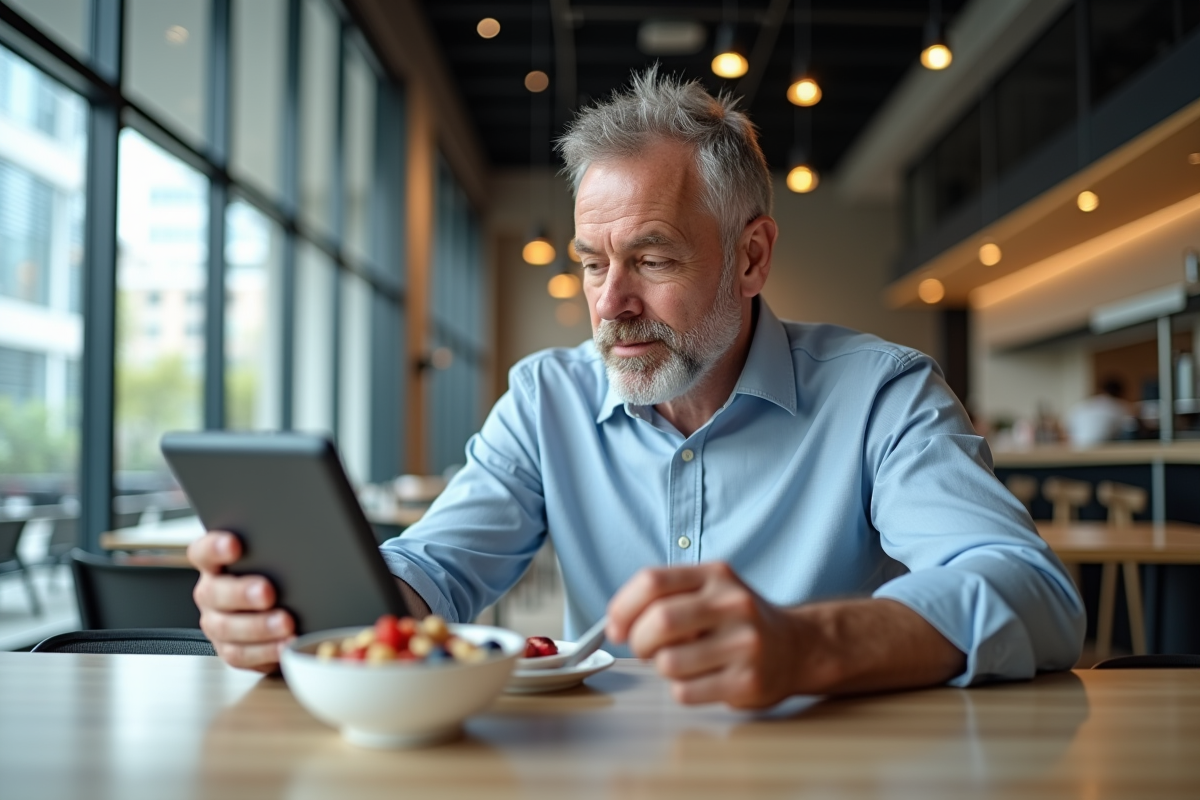 Homme d affaires dégustant un yaourt dans une cafetéria moderne