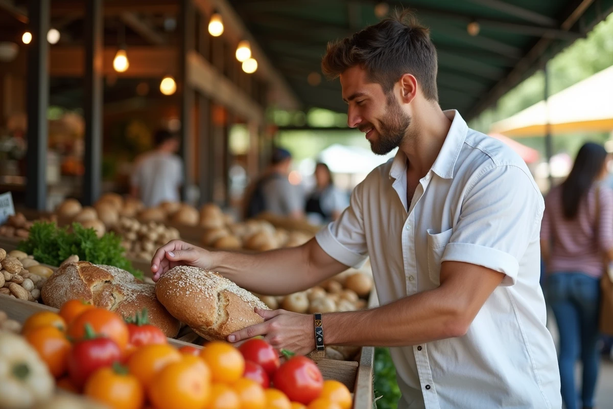 Jeune homme choisissant pain complet au marché