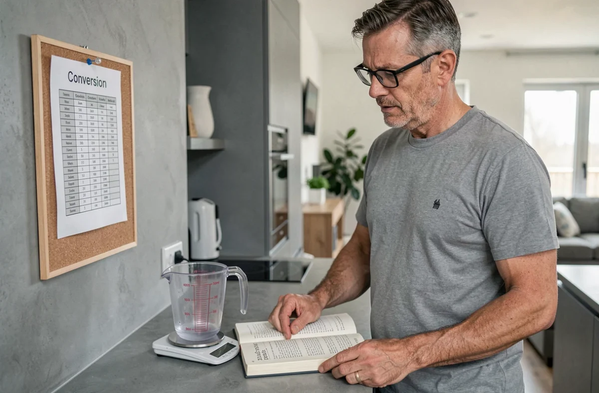 Homme consultant une table de conversion cuisine avec verre doseur et balance numérique dans une cuisine moderne