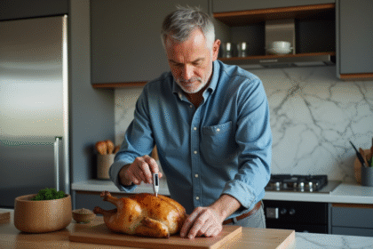 Homme vérifiant la température d'un poulet rôti dans une cuisine moderne