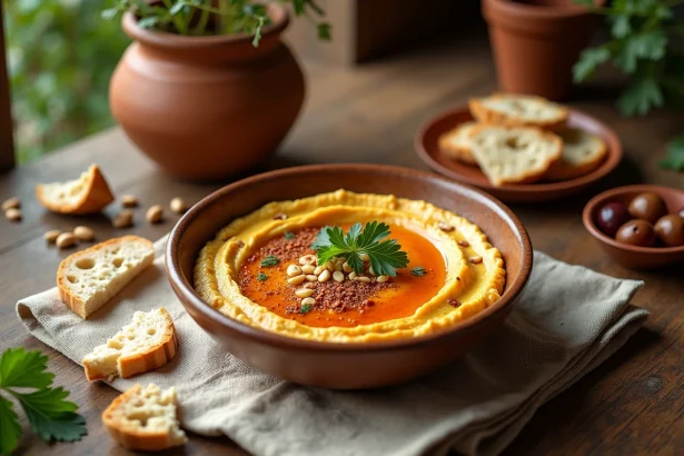 Bol de houmous égyptien garni de dukkah, pignons de pin et persil frais sur une table en bois rustique avec pain pita