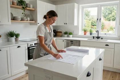 Femme consultant des plans d'implantation devant une cuisine Ikea blanche avec îlot central en quartz